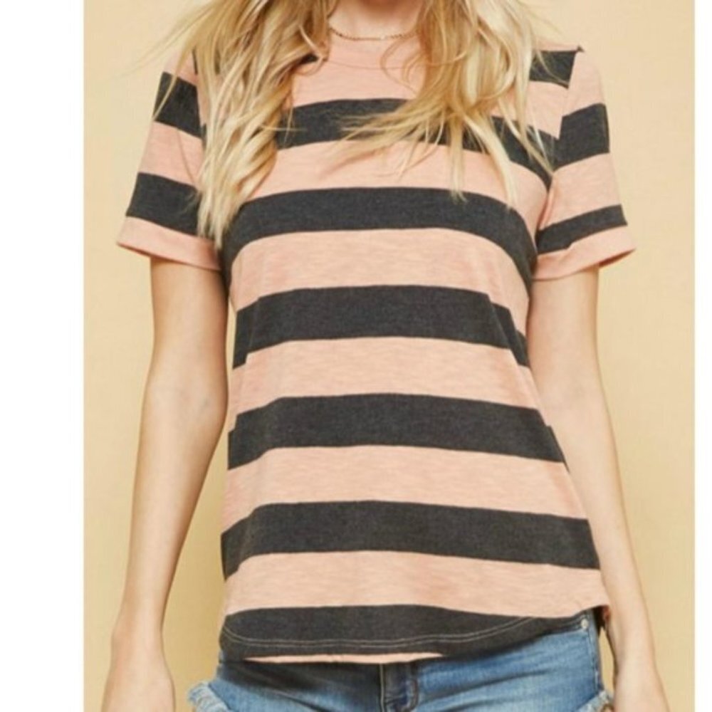 Promesa Coral & Navy Striped Short Sleeve Shirt